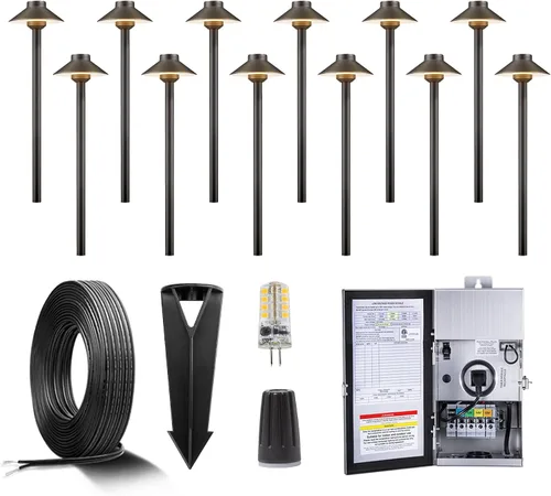 Miniatura 27 de Gardenreet Luces de camino de latón para exteriores, iluminación de camino de paisaje de bajo voltaje con cable, luz LED de pasarela de 12 V