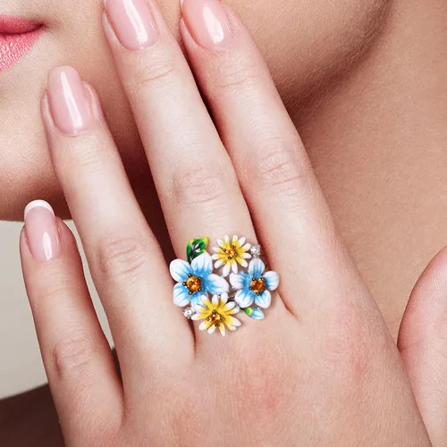 Miniatura 5 de Santuzza Anillo de plata de ley 925 con diseño de flores esmaltadas para mujer