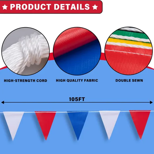 Miniatura 3 de Banderines de 105 pies, 7 x 10 pulgadas, rojo, azul y blanco, 45 piezas de alta visibilidad de seguridad en cuerda, bandera triangular para piscina