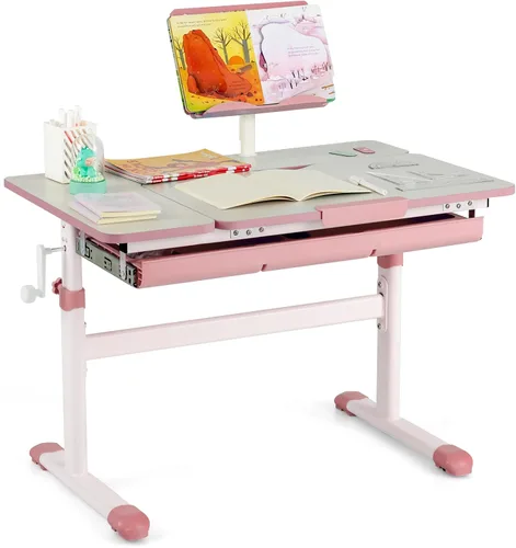Miniatura 9 de Costzon Escritorio para niños, mesa de estudio ergonómica de altura ajustable para niños con escritorio inclinable y soporte para libros, cajón