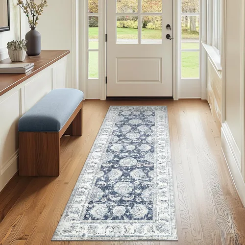 Miniatura 66 de Jinchan Fiora - Alfombra redonda de 8 pies, alfombras vintage con diseño floral envejecido, lavable a máquina, antideslizante, de pelo bajo, Azul