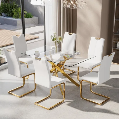 Miniatura 21 de Juego de mesa de comedor de 5 piezas para 4, mesa rectangular moderna de cristal con 4 sillas tapizadas de cuero, juegos de mesa y sillas de comedor
