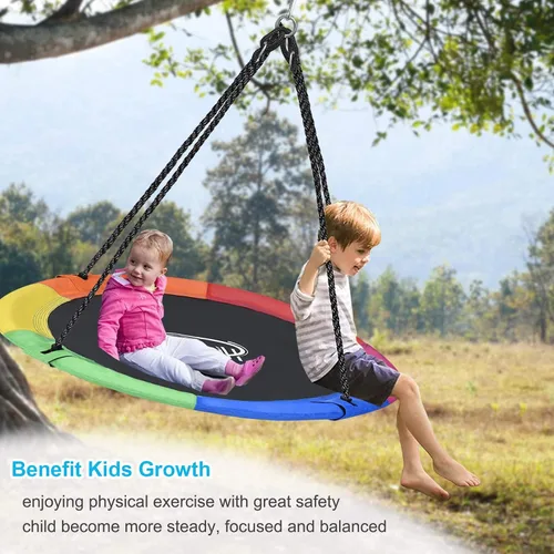 Miniatura 6 de Columpio de árbol de platillo de 43 pulgadas para niños, columpio redondo de textileno duradero, resistente, impermeable y resistente a todo