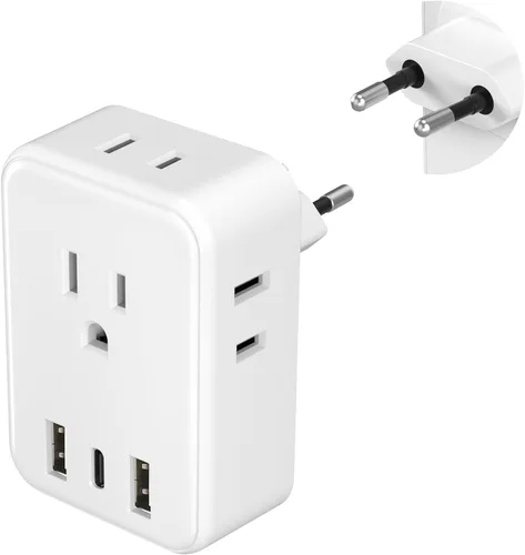 BN-LINK Adaptador de enchufe de viaje europeo, adaptador de enchufe tipo C con 4 salidas de CA y 3 puertos USB (1 USB C) para EE. UU. a la mayoría