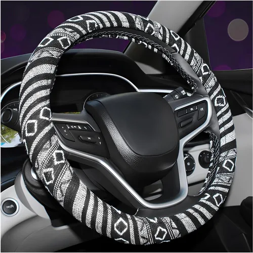 Miniatura 10 de Funda bohemia para volante, tela de lino grueso de 15 pulgadas, estilo étnico, antideslizante, protector universal transpirable para volante