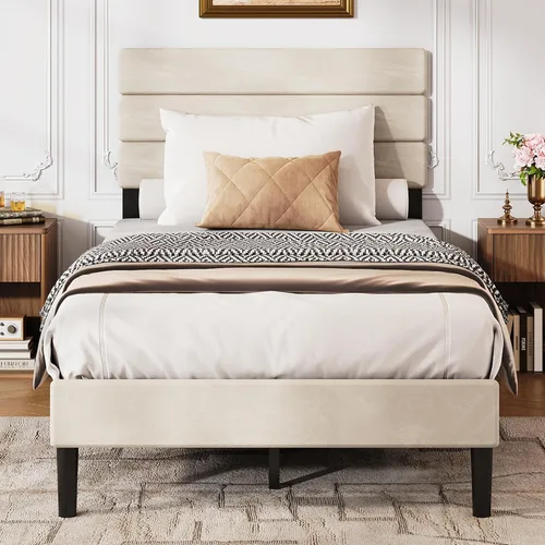 WLIVE Base de cama tapizada, marcos de cama individual con cabecero, cama de plataforma con listones de madera, base de colchón de 600 libras, no