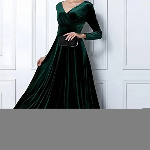 Miniatura 4 de SGASY Vestido largo de terciopelo elástico de manga larga con cuello en V para mujer, elegante vestido de cóctel con forro A