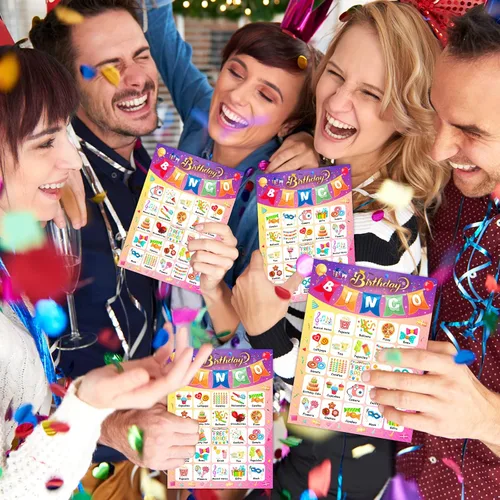 Miniatura 7 de YTSQLER Tarjetas de bingo de feliz cumpleaños, 24 jugadores, fiesta de cumpleaños, juego de bingo para niños, niñas y adultos, divertido juego