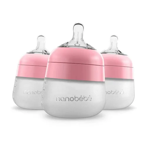 Nanobebe - Biberón de silicona flexible, anticólicos, sensación natural, pezón que no se derrumba, base estable sin puntas, fácil de limpiar, Rosa