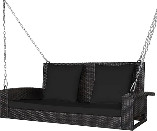 DORTALA Columpio colgante para porche, banco de mimbre para 2 personas con cojines, cadenas de acero de 7.9 pies para jardín, patio, terraza y Negro