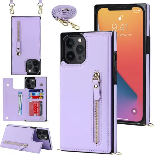 Miniatura 29 de Funda cruzada para teléfono iPhone 13 Pro Max de cuero con tarjetero, funda protectora extraíble, correa de cuero ajustable con botón, compatible