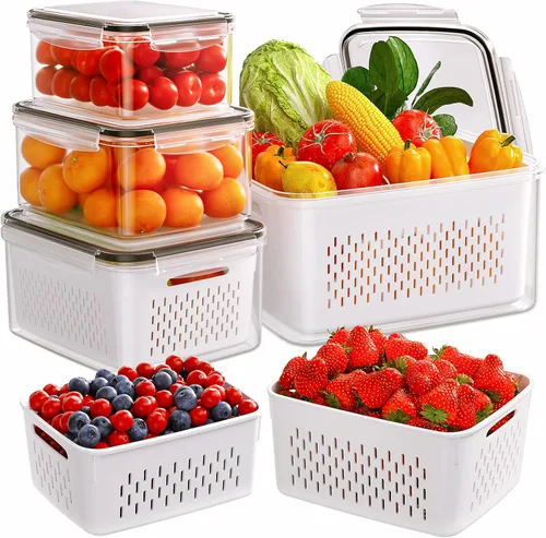 Paquete de 5 recipientes de almacenamiento de frutas para refrigerador con coladores extraíbles, 4 en 1 contenedores de almacenamiento de productos