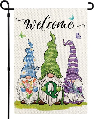 Miniatura 8 de Bandera de jardín con monograma de flores de gnomos de primavera, bandera de gnomo floral con letra inicial, bandera de bienvenida de primavera