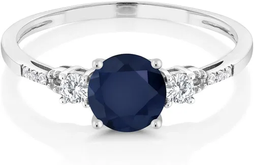 Miniatura 2 de Gem Stone King Anillo de compromiso de 3 piedras de oro blanco de 10 quilates con zafiro y zafiro blanco creado con 3 piedras para mujer