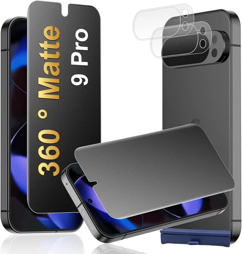 [Paquete de 2+2] Protector de pantalla de privacidad mate de 4 vías de 360° para Google Pixel 9 Pro con protector de lente de cámara, compatible con