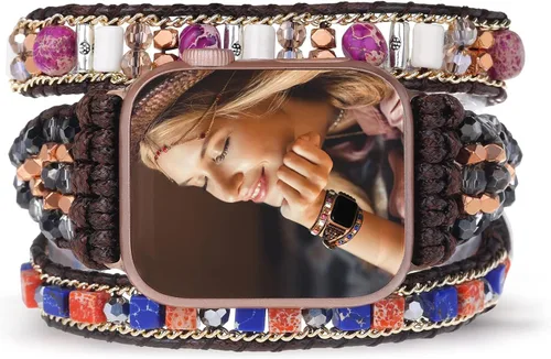 Miniatura 8 de Pulsera bohemia de 5 envolturas compatible con Apple Watch Band con cuentas para mujeres y hombres, 1.496 pulgadas/1.575 pulgadas/1.614 pulgadas
