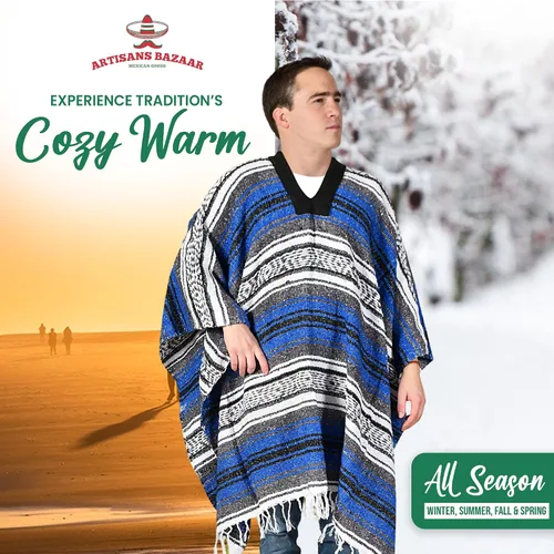 Miniatura 48 de Artisans Bazaar Poncho tradicional mexicano de Baja para hombres y mujeres, auténtico sarape de Gaban, manta de vaquero Pancho Jorongo