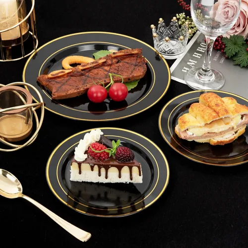 Miniatura 4 de NOCCUR 200 platos de plástico negro y dorado para 100 invitados - Incluyen 100 platos desechables resistentes de 10" para cena / 100 platos