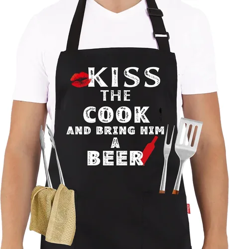 Miniatura 11 de Delantal divertido para barbacoa para hombres, delantal de chef con 2 bolsillos, correa ajustable para el cuello y lazos de 40 pulgadas de largo