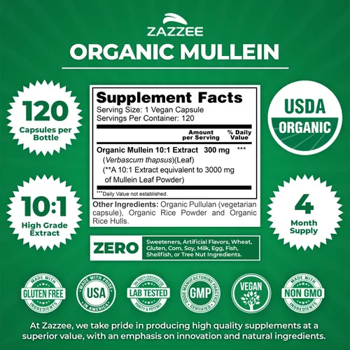 Miniatura 3 de Zazzee USDA Organic Mullein Leaf 10:1 Extracto, 120 cápsulas veganas, suministro para 4 meses, Verbascum Thapsus, soporte respiratorio y pulmonar