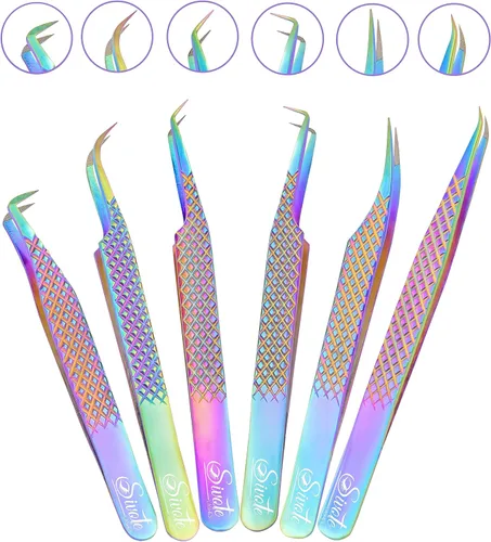 Miniatura 10 de SIVOTE Pinzas de pestañas para extensiones de pestañas, puntas de fibra, juego de 3, volumen, bota de volumen, pinzas de 90 grados, azul, amarillo