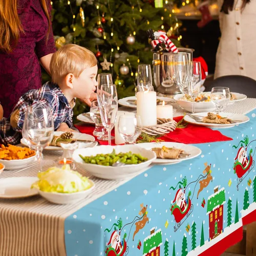 Miniatura 6 de Suministros para fiestas de Navidad – Juego de platos, servilletas y tazas de papel desechables con temática de Papá Noel de Navidad con mantel