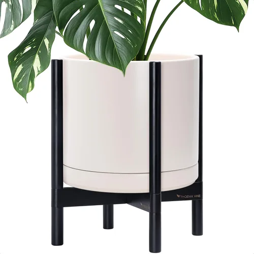 Miniatura 98 de D'vine Dev Maceta de cerámica con soporte de ébano – Maceta redonda moderna de 8 pulgadas con soporte para maceta de madera, color negro, 55-B-M-2