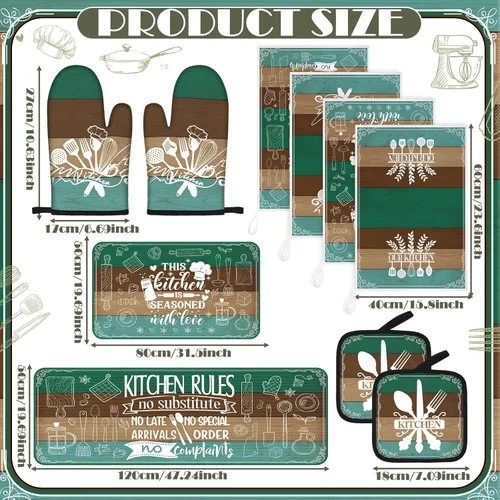 Miniatura 4 de Fourluoo Juego de 10 piezas de decoración y accesorios de cocina de granja, 4 toallas de cocina, 2 soportes para ollas, 2 guantes de horno, 2 Verde