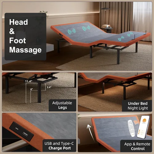 Miniatura 2 de ESHINE Base de cama ajustable individual XL con colchón híbrido de 14" Inclinación de almohada, control por aplicación inteligente, gravedad cero