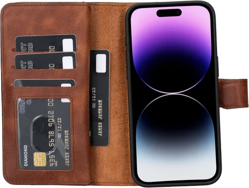 Miniatura 30 de HARDISTON Funda de piel auténtica de alta calidad hecha a mano para iPhone 11 Pro de 5.8 pulgadas, tarjeteros de doble folio, funda magnética Negro