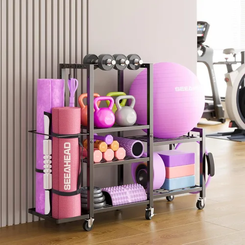 Miniatura 3 de Estante de almacenamiento de gimnasio en casa de 6 niveles con ruedas, soporte de pesas para mancuernas y organizador de esterilla de yoga, soporte