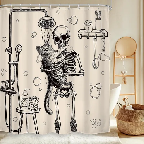 Miniatura 21 de Cortina de ducha con diseño de calavera de neón de 60 pulgadas de ancho x 72 pulgadas de alto, esqueleto gótico, espeluznante, único hueso fresco