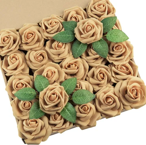 Miniatura 45 de DuHouse 25 rosas artificiales con tallos, flores de espuma de tacto real para bricolaje, ramo de boda, centro de mesa, arreglo floral, fiesta, Verde
