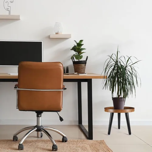 Miniatura 2 de KGPLOME Soporte para plantas de interior, mesa de madera de mediados de siglo con acabado de nogal, soporte alto para maceta, mesa auxiliar redonda