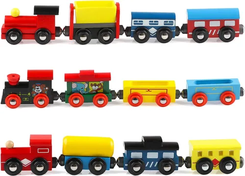 Juego magnético de 12 piezas de tren de madera, incluye 3 motores y bolsa de almacenamiento, juegos de trenes de juguete para niños y niñas,