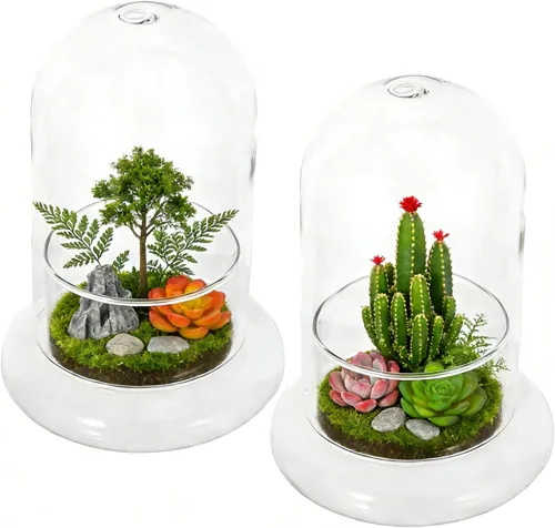 2 cúpula de cristal Cloche con orificio de aire y base, terrario de vidrio transparente, cúpula de humedad para plantas pequeñas, decoración de mesa