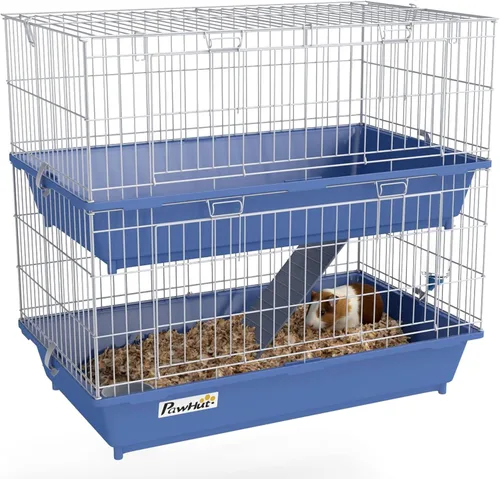 PawHut Jaula de conejillo de indias de 2 niveles, jaula de hurón, jaula de chinchilla, jaula para animales pequeños para interiores con plato y Azul
