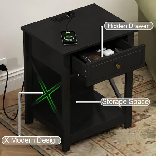 Miniatura 6 de Treocho Juego de 2 mesas auxiliares negras con estación de carga, mesa auxiliar X-Design con 2 tomas de corriente alterna y USB, mesita de noche