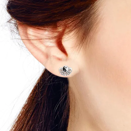 Miniatura 5 de Elegantes aretes de tuerca de plata de ley 925 con símbolo de Yin y Yang equilibrados en espiral, Esmalte