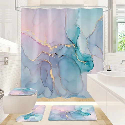 Miniatura 8 de Gibelle Juego de 4 cortinas de ducha de baño con alfombras antideslizantes, cubierta para tapa de inodoro y tapete de baño, juego de decoración