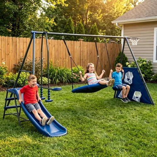 Miniatura 13 de DECORLIFE Juegos de columpios para patio trasero, 700 libras de metal resistente con marco en A para exteriores con columpio de platillo de 32
