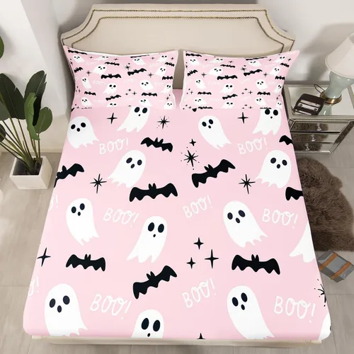 Miniatura 23 de Sábana bajera ajustable de fantasma de Halloween, tamaño individual, sábana de bruja de calabaza de caramelo de dibujos animados, juego de ropa