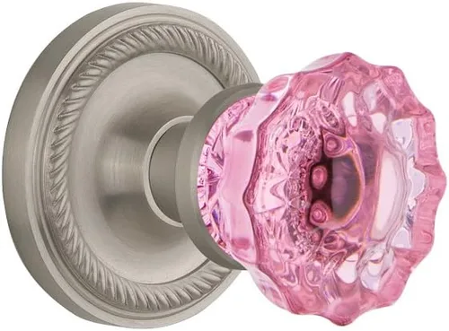 Miniatura 5 de Nostalgic Warehouse 724992 Pomo de puerta de cristal rosa con roseta de cuerda de privacidad en latón pulido, 2.375