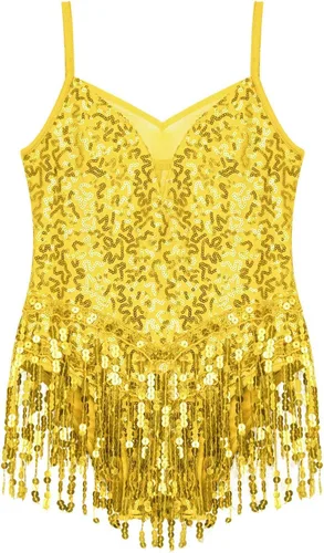 Miniatura 4 de Xnihocha Vestido de baile latino con borlas y lentejuelas brillantes para niñas y niñas, falda tutú, leotardo, moderno, disfraz de salón de jazz