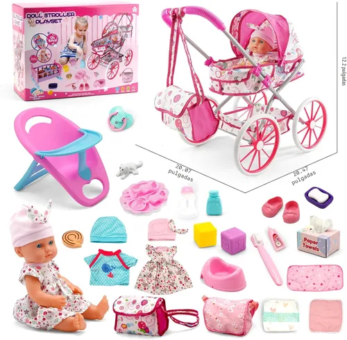 Miniatura 5 de Juego de Juguetes de Cochecito para Muñeca de Bebé con Muñeca de Bebé de 13'', Cama de Muñeca, Silla de Comedor, 26 Piezas de Accesorios para Muñeca
