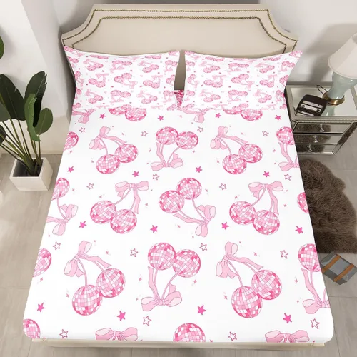 Miniatura 25 de Sábana bajera con lazo azul tamaño individual, juego de ropa de cama de princesa con cerezas, estrellas y flores margaritas de dibujos animados