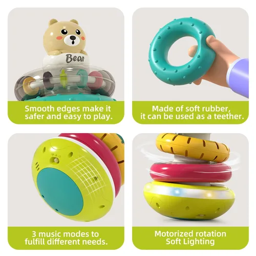 Miniatura 5 de Juguete apilador de anillos para bebé con luces, juguetes apilables musicales para niños pequeños de 1 a 3 años, juguetes Montessori giratorios