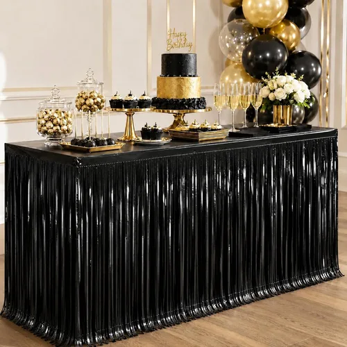 Faldas de mesa de oropel de papel metálico con flecos para mesas rectangulares, cortinas de serpentina, telón de fondo para cumpleaños, boda,