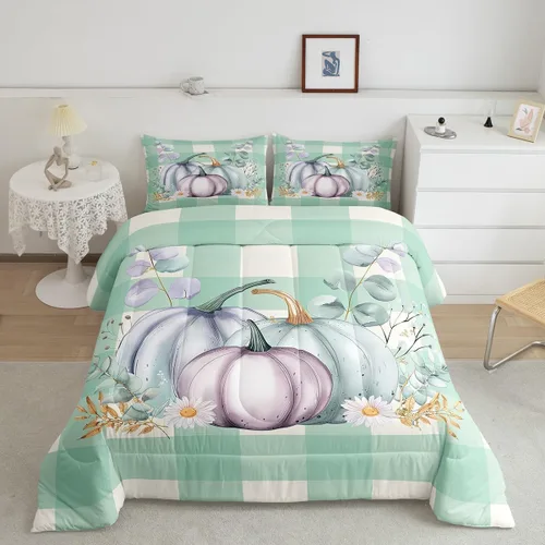 Miniatura 7 de Erosebridal Juego de edredón de gatos lindos para niños, juego de ropa de cama de calabaza y hoja de arce para niñas y niños, juego de edredón