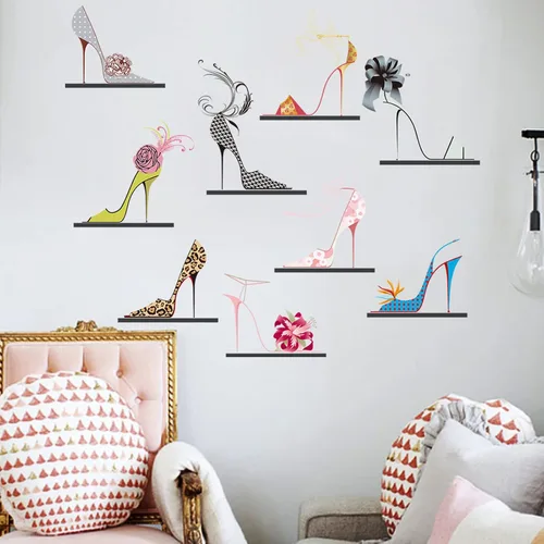 Miniatura 5 de Maydahui Calcomanías de pared de zapatos de tacón alto de colores modernos para mujer, zapatos de flores, tacones (32 x 30 pulgadas) para zapatos